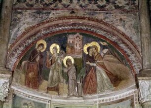 Dekoration der unteren Wandzone mit mariologischen und christologischen Themen — 11. Wandnische: Verkündigung und Heimsuchung Mariens; Ein Mann und eine Schlange stehen sich gegenüber — Verkündigung und Heimsuchung Mariens