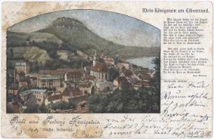 Königstein/Sächs. Schweiz. Stadt und Festung Königstein, kolorierte Ansichtskarte