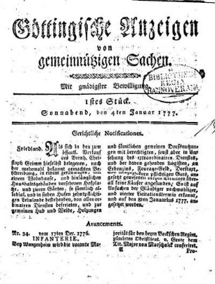 1stes Stück. Sonnabend, den 4ten Januar 1777.