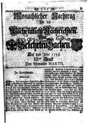Monathlicher Nachtrag [...] IIItes Stuck Des Monaths Marth