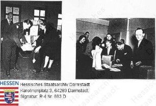 Darmstadt, 1947 März / Verteilung von Paketen an Deutsche durch den amerikanischen Colonel Byrne / 2 Szenenfotos