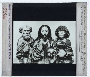 Blaubeuren, Klosterkirche, Hochaltar v. Gregor Erhart : Predella, Apostelgruppe (Christus mit Petrus und Johannes)