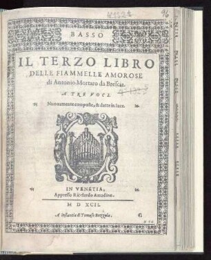 Antonio Mortaro: Il terzo libro delle Fiammelle amorose a tre voci. Basso