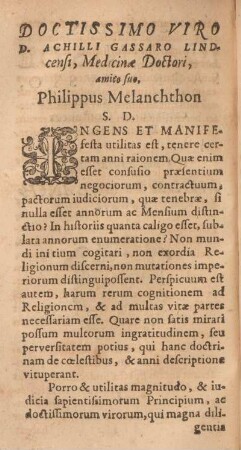 Doctissimo viro D. Achilli Gassaro Lindcensi, medicinæ doctori, amico suo, Philippus Melanchthon.
