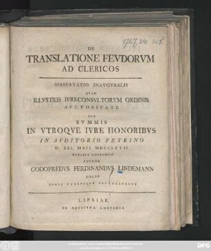 De Translatione Fevdorvm Ad Clericos : Dissertatio Inavgvralis