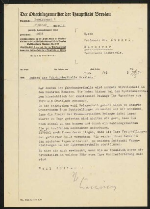 Jahrhunderthalle, Breslau Akustikgutachten: Brief von Konwiarz an Michel und Antwortschreiben (zweiseitig)
