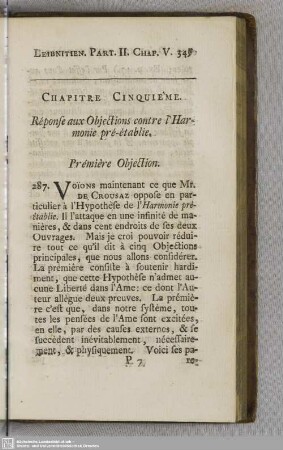Chapitre Cinquième. Réponse aux Objections contre l´Harmonie pré-établie