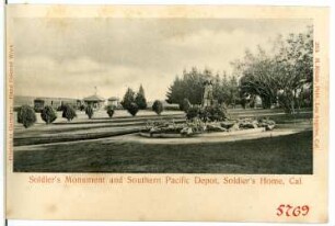 Sawtelle. Soldiers Monument and Southern Pacific Depot, Soldier`s Home, Cal.