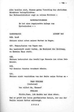 Seite aus Drehbuch von "Der junge Törless" (1965/66)