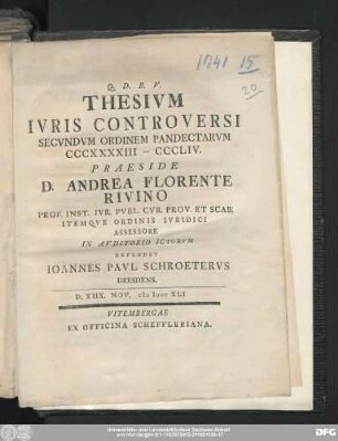 Thesivm Ivris Controversi Secvndvm Ordinem Pandectarvm CCCXXXXIII - CCLIV.
