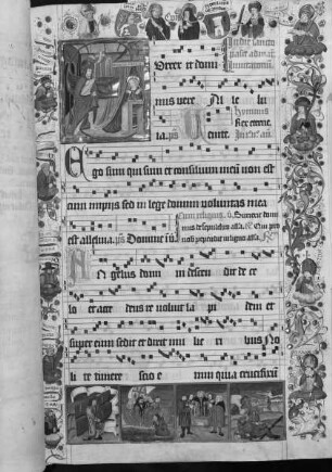 Antiphonarium (Benediktinerhandschrift) — Textseite mit mehreren figürlichen Darstellungen, Folio 107recto