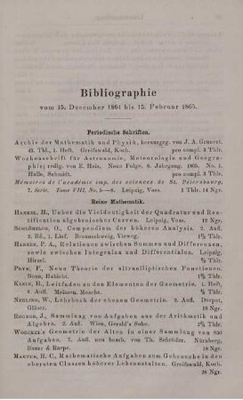Bibliographie vom 15. December 1864 bis 15 Februar 1865.