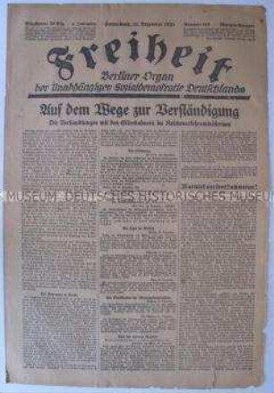 Tageszeitung der USPD Berlin "Freiheit" u.a. zum Lohnkampf der deutschen Eisenbahner