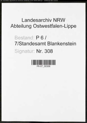Sterberegister Standesamt Blankenstein/Ruhr