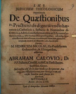 Iudicium theologicum repetitum de Quaestionibus ...