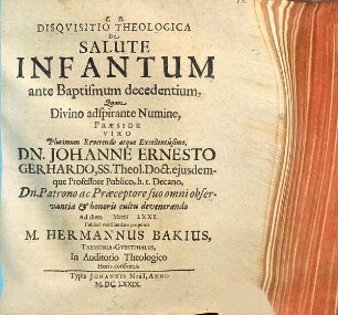Disquisitio Theologica De Salute Infantum ante Baptismum decedentium