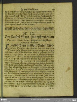 No. IX. Der Kaiserl. Mayt. Handschreiben an Patrem Hyacinthum, Capuciner