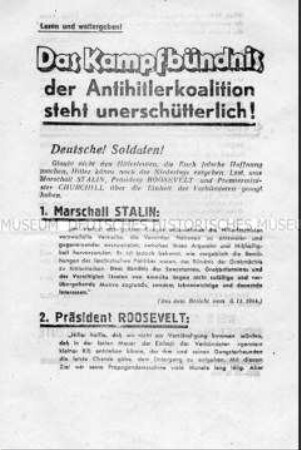 Sowjetisches Abwurf-Flugblatt mit Zitaten von Roosevelt, Churchill und Stalin über die militärische Stärke und Geschlossenheit der Alliierten