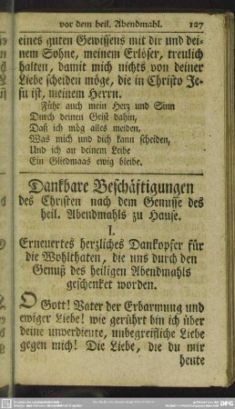 Dankbare Beschäftigungen des Christen nach dem Genusse des heil. Abendmahls zu Hause