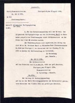 Schreiben des Kultministeriums an das Finanzministerium bezüglich Finanzierung eines Ichthyosaurierpräparates aus dem Hause Hauff