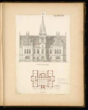 Rathaus Monatskonkurrenz Mai 1878: Grundriss Erdgeschoss, Aufriss Vorderansicht; Maßstabsleiste, Erläuterungstext