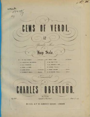 Gems of Verdi : 12 operatic airs for harp solo ; op. 149. 9, Di provenza il mar : La traviata