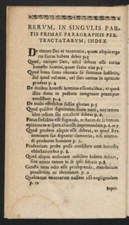 Rerum, In Singulis Partis Primae Paragraphis Pertractatrum, Index.