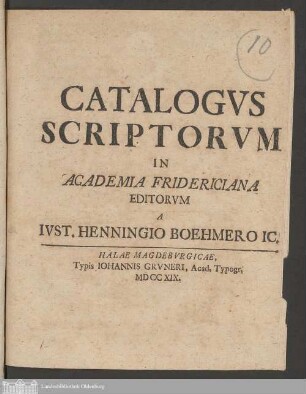 Catalogvs Scriptorvm In Academia Fridericiana
