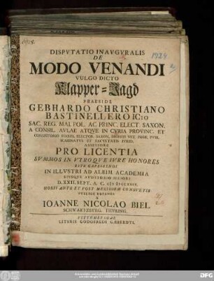 Dispvtatio Inavgvralis De Modo Venandi Vulgo Dicto Klapper-Jagd
