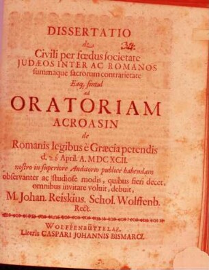 Diss. de civili per foedus societate Iudaeos inter ac Romanos, summaque sacrorum contrarietate