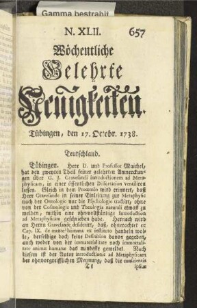 N. XLII. Tübingen, den 17. Octobr. 1738