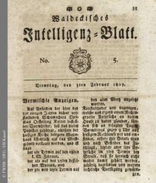 No. 5, Dienstag, den 3ten Februar 1807