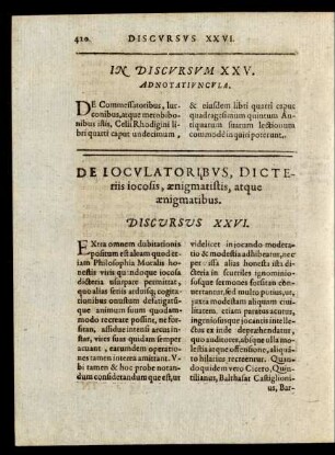 De Ioculatoribus, Dicteriis iocosis, aenigmatistis, atque aenigmatibus. Discursus XXVI.