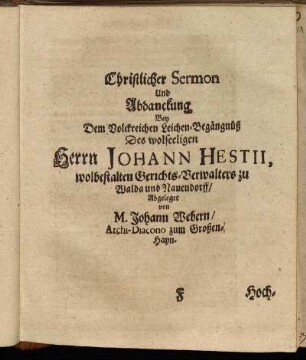 Christlicher Sermon und Abdanckung.