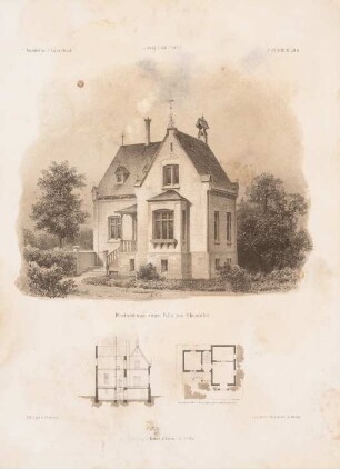 Pförtnerhaus einer Villa am Rheinufer: Grundriss, Perspektivische Ansicht, Querschnitt (aus: Architektonisches Skizzenbuch, H. 93/5, 1868)