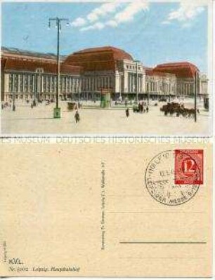 Bildpostkarte aus Leipzig mit rückseitigem Sonderstempel von der Leipziger Frühlingsmesse 1946