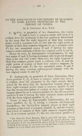 On the analogues in the theory of quadrics to some known properties in the theory of conics.