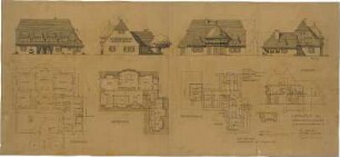 Fischer, Theodor; Friedrichshafen - Fischbach; Haus Gminder - Grundriss EG, Grundriss Keller u. DG, Grundriss OG, Ansichten, Querschnitt