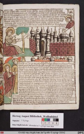 Oben: Das neue Jerusalem (Offenb. 21,1). Unten: Einer der sieben Engel beschreibt Johannes das neue Jerusalem (Offenb. 21,9).