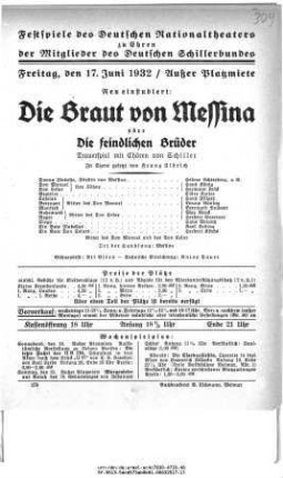 Die Braut von Messina oder Die feindlichen Brüder