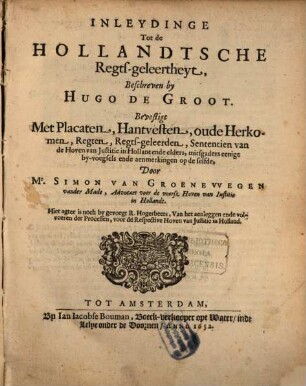 Inleydinge tot de Hollandtsche Regtsgeleertheyt