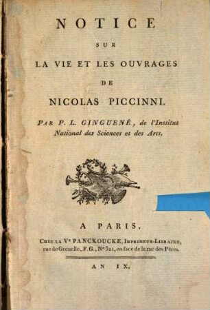 Notice sur la vie et les ouvrages de Nicolas Piccinni