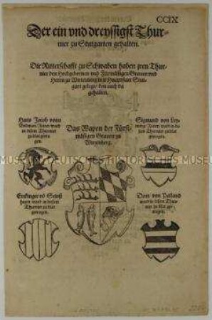 Einunddreißigstes Turnier zu Stuttgart im Jahr 1484 - Stadt- und Familienwappen (S. CCIX aus dem Turnierbuch/1. Teil)