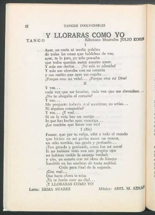 Y llorarás como yo : Tango. Ediciones Musicales Julio Korn