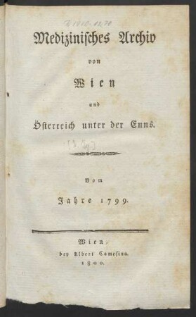 1799: Medizinisches Archiv von Wien und Österreich unter der Enns