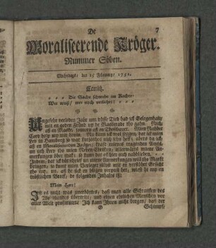 Nummer Söben. Mahndags den 15. Februray 1751