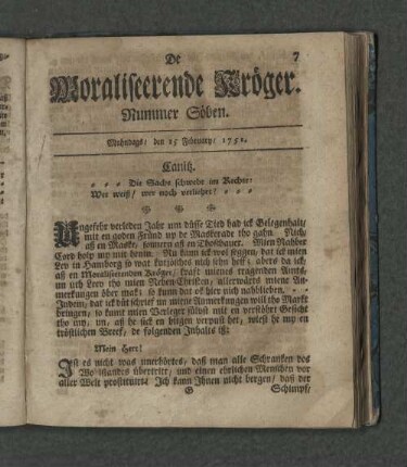 Nummer Söben. Mahndags den 15. Februray 1751