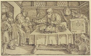 Ein armer Vater mit drei Kindern erhält Geld, rechts ein Mann mit einem kaiserlich gesiegelten Dekret