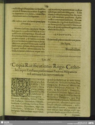 Lit. H. Copia Ratificationis Regis Catholici super Tractatu praeliminari Pacis ex Hispanico in Latinum fideliter translatae
