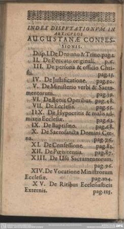 Index Disputationum In Articulos Augustanae Confessionis
